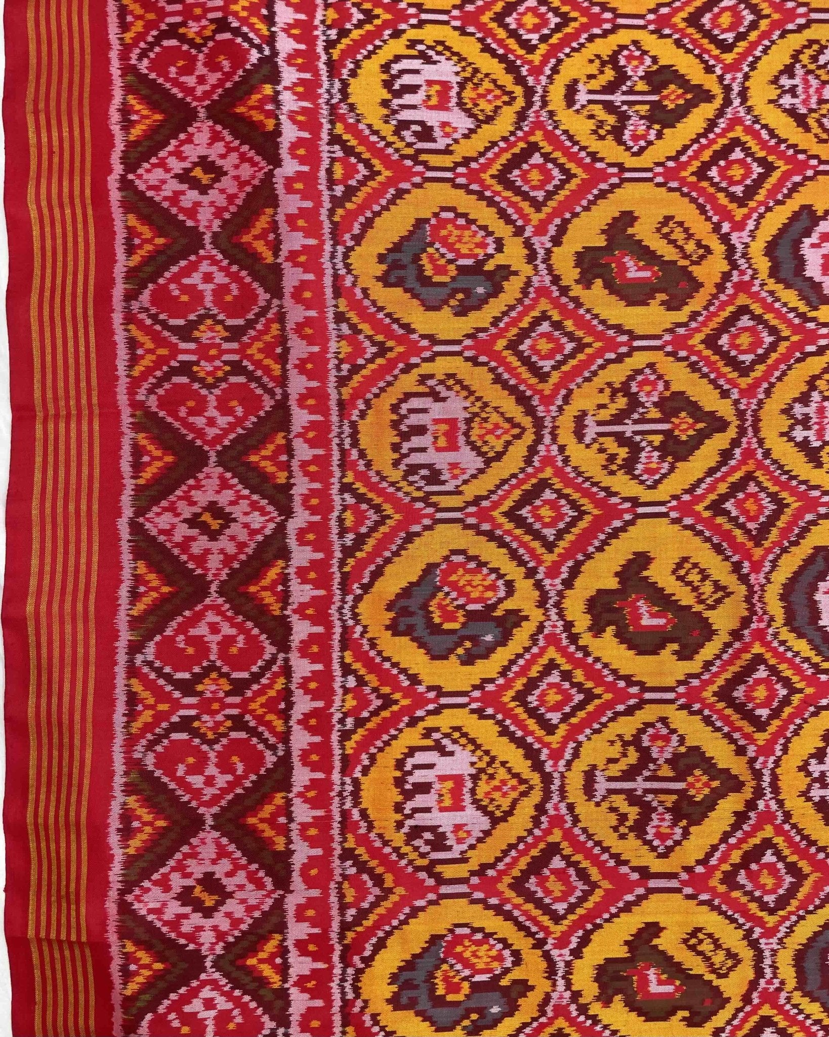 Red & Yellow Circle Narikunj Patola Saree - SindhoiPatolaArt