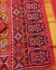 Red & Yellow Circle Narikunj Patola Saree - SindhoiPatolaArt
