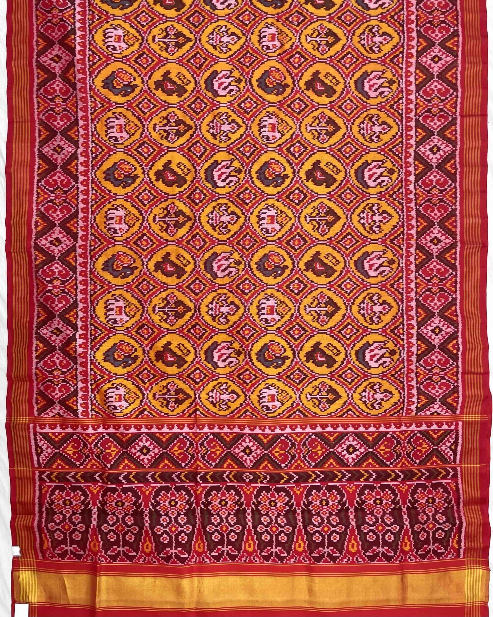 Red & Yellow Circle Narikunj Patola Saree - SindhoiPatolaArt