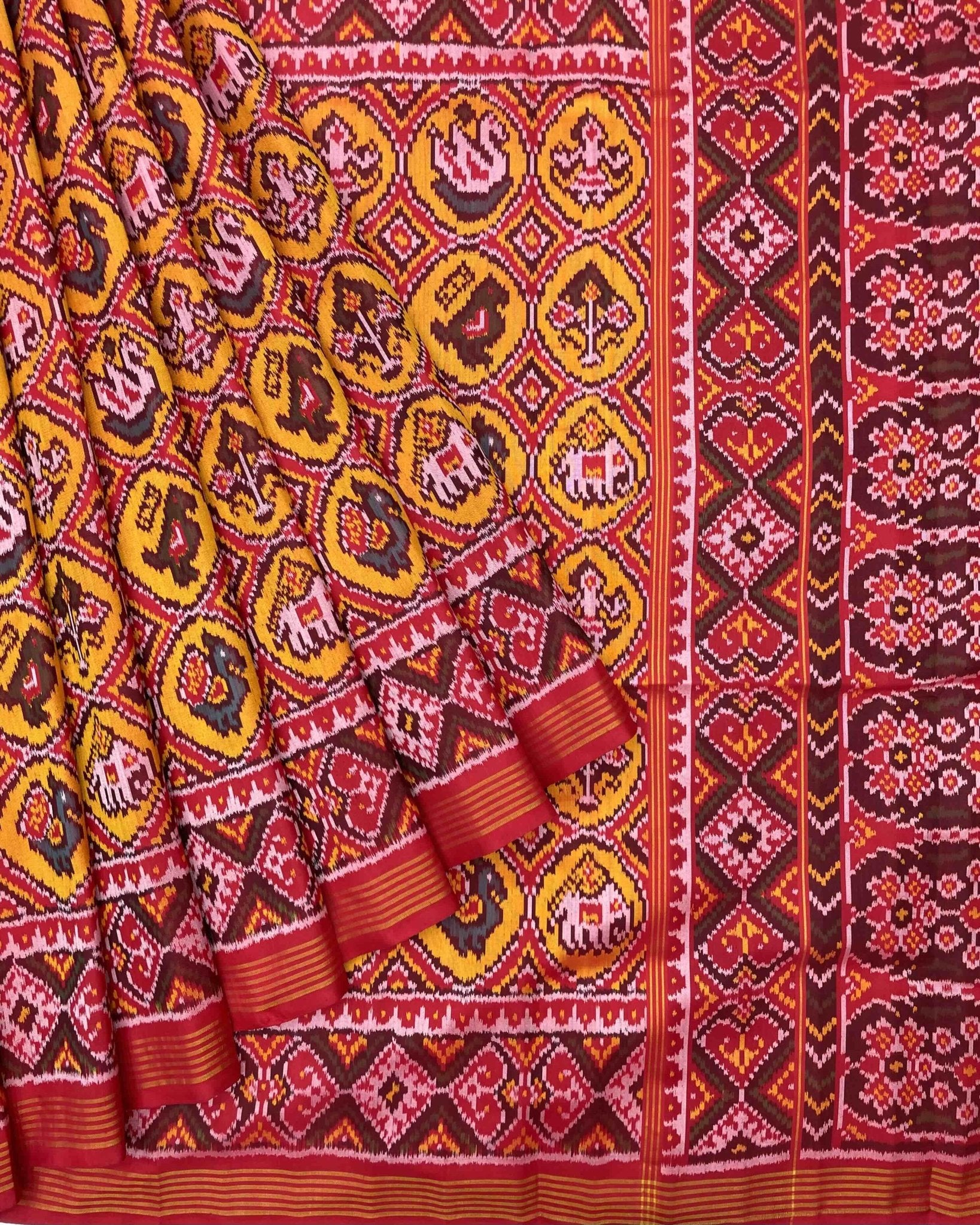 Red & Yellow Circle Narikunj Patola Saree - SindhoiPatolaArt