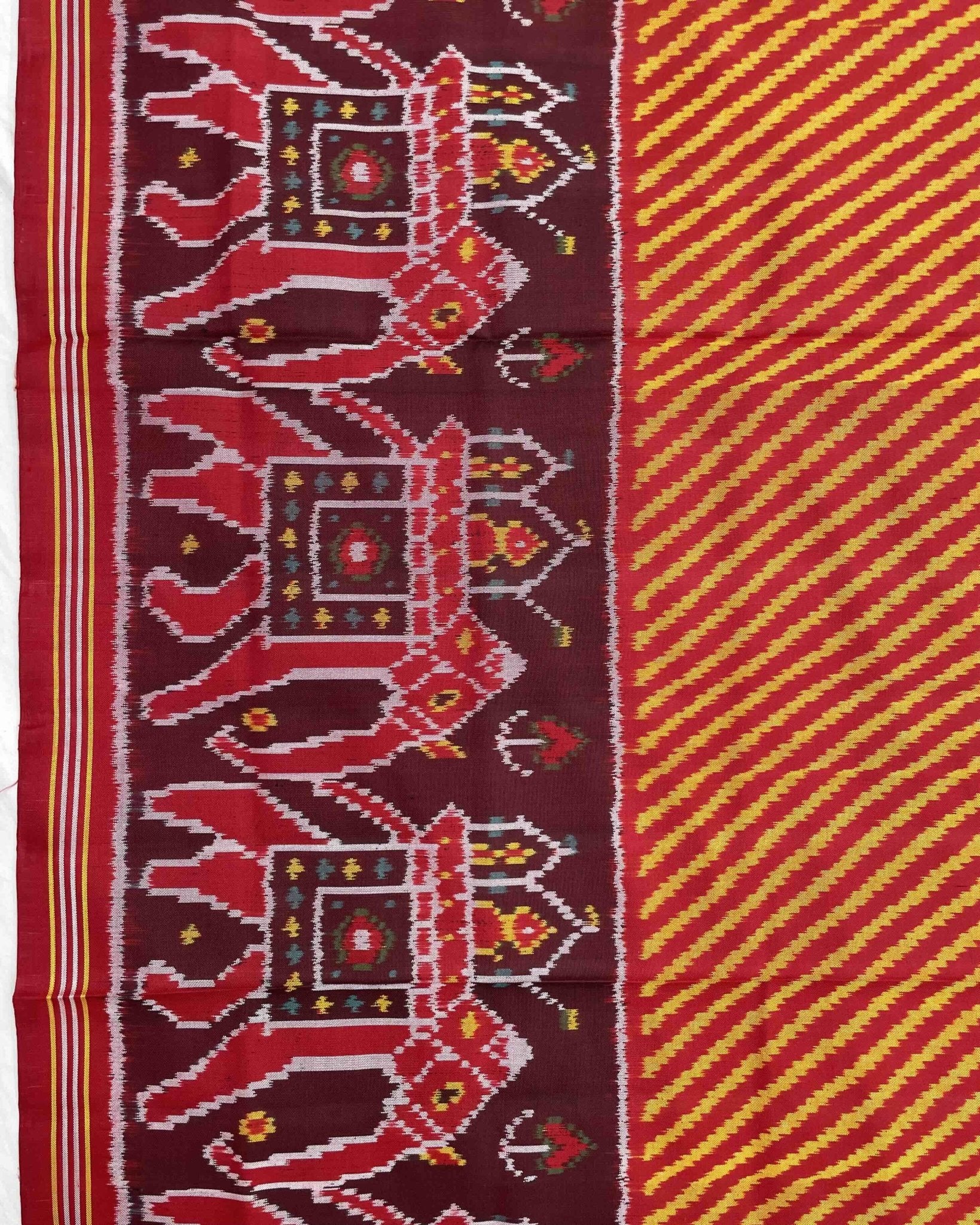 Red & Yellow Lining with Elephant Scut Border Patola Saree - SindhoiPatolaArt