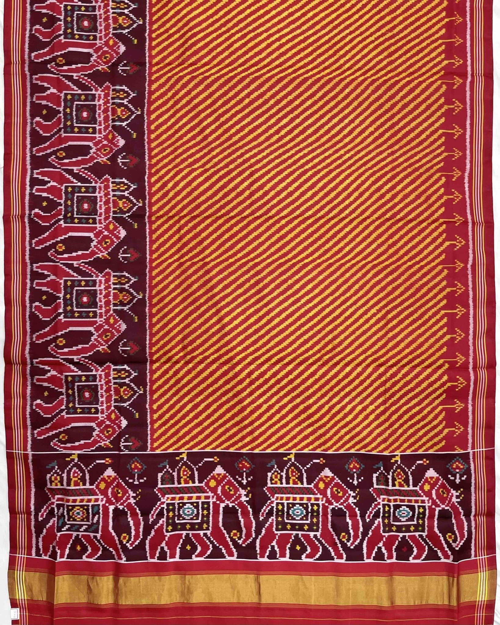 Red & Yellow Lining with Elephant Scut Border Patola Saree - SindhoiPatolaArt