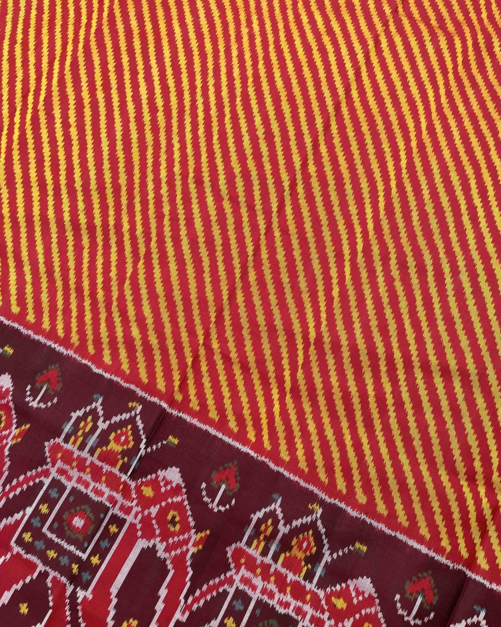 Red & Yellow Lining with Elephant Scut Border Patola Saree - SindhoiPatolaArt