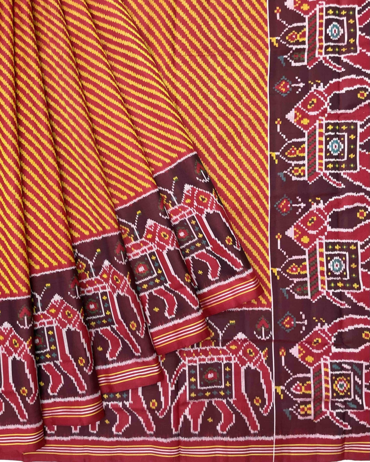 Red & Yellow Lining with Elephant Scut Border Patola Saree - SindhoiPatolaArt