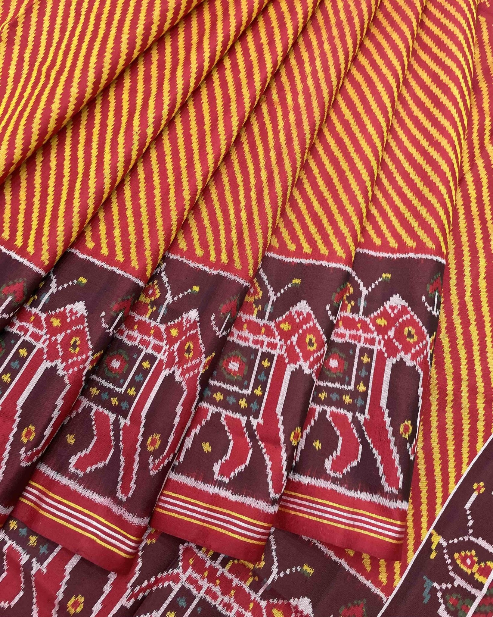 Red & Yellow Lining with Elephant Scut Border Patola Saree - SindhoiPatolaArt