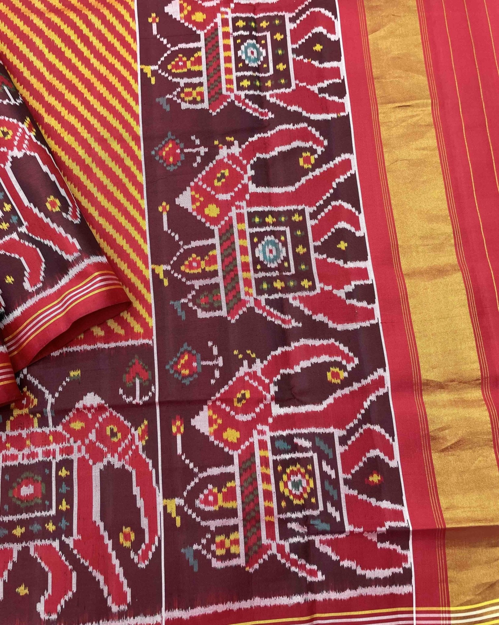 Red & Yellow Lining with Elephant Scut Border Patola Saree - SindhoiPatolaArt