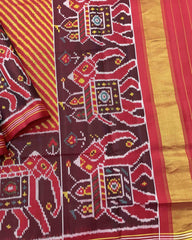 Red & Yellow Lining with Elephant Scut Border Patola Saree - SindhoiPatolaArt