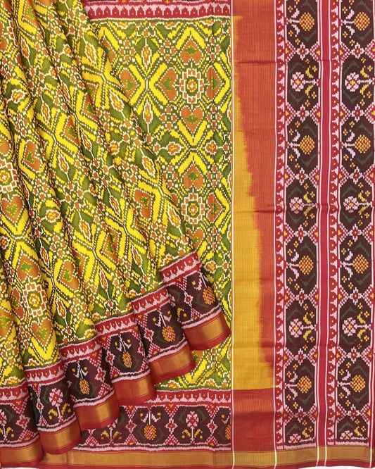 Red & Yellow Manekchowk Patola Saree - SindhoiPatolaArt
