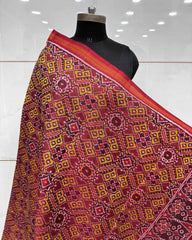 Red & Yellow Manekchowk Semi Double Ikat Patola Dupatta - SindhoiPatolaArt