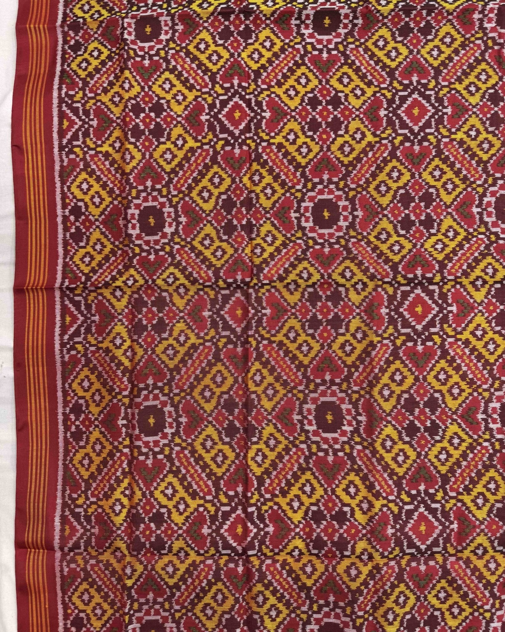 Red & Yellow Manekchowk Semi Double Ikat Patola Dupatta - SindhoiPatolaArt