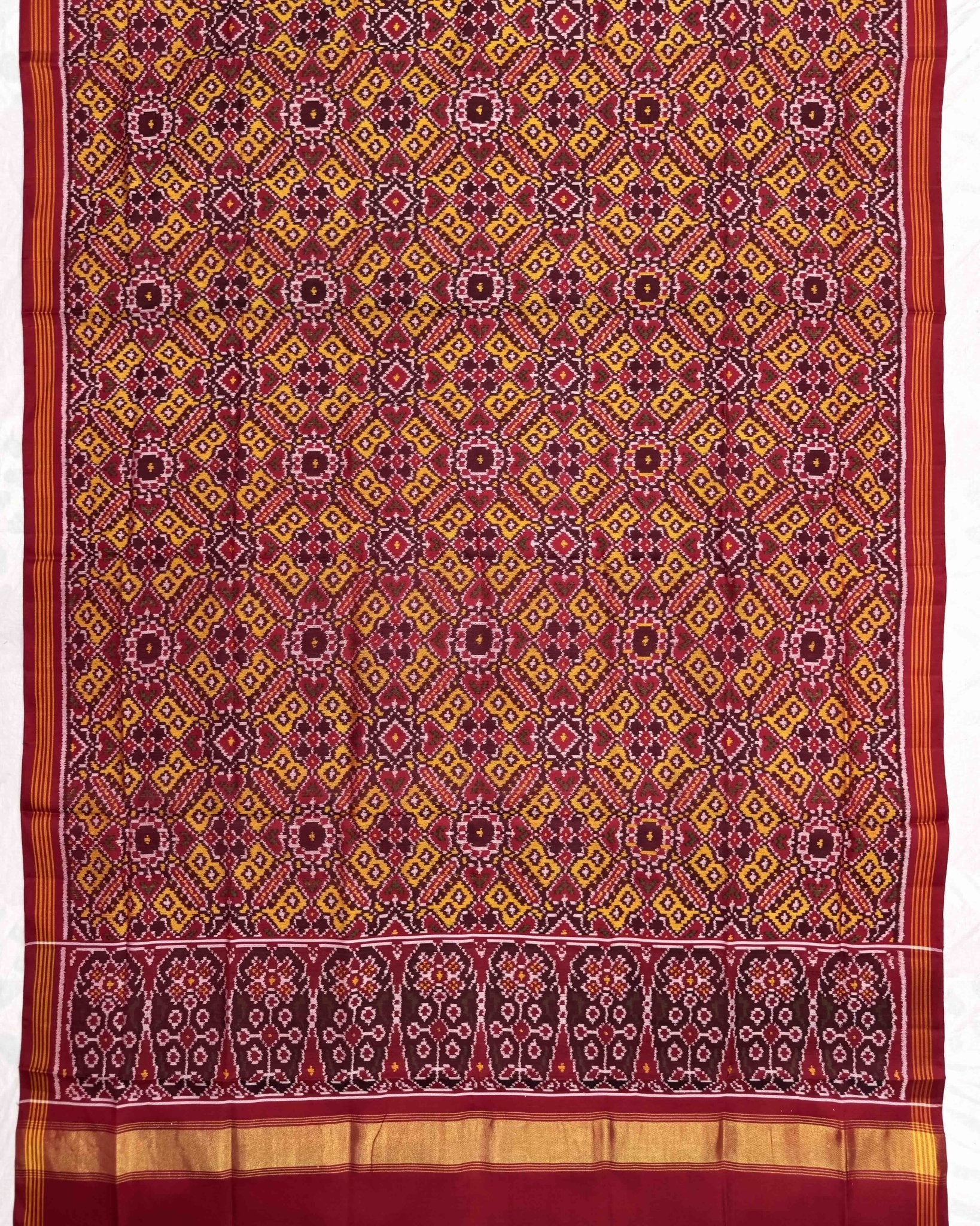 Red & Yellow Manekchowk Semi Double Ikat Patola Dupatta - SindhoiPatolaArt