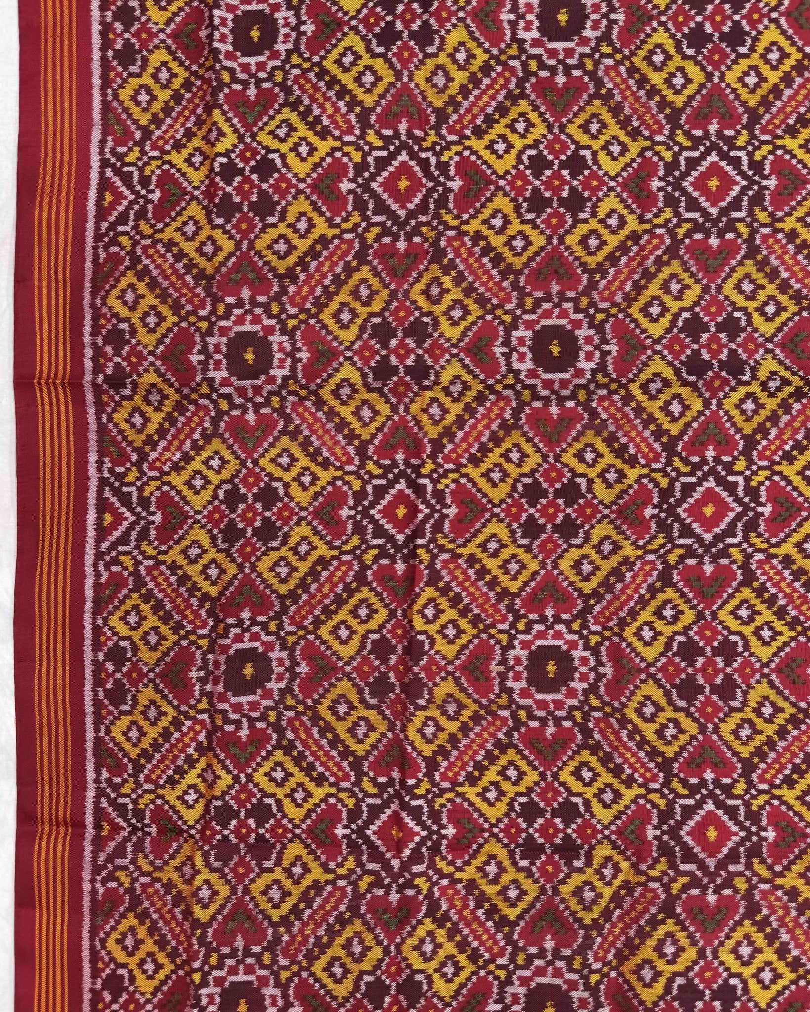 Red & Yellow Manekchowk Semi Double Ikat Patola Dupatta - SindhoiPatolaArt