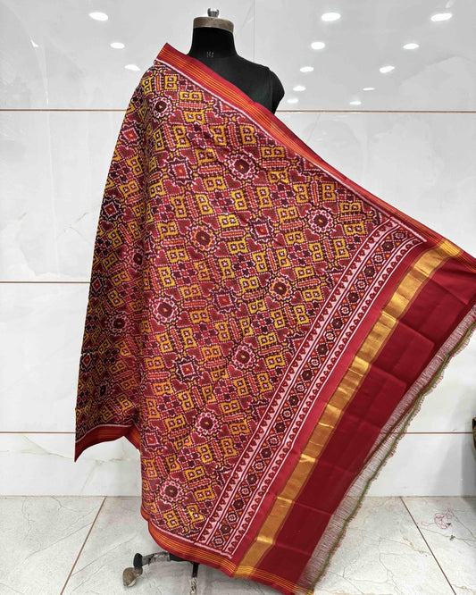 Red & Yellow Manekchowk Semi Double Ikat Patola Dupatta - SindhoiPatolaArt