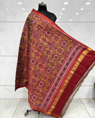 Red & Yellow Manekchowk Semi Double Ikat Patola Dupatta - SindhoiPatolaArt