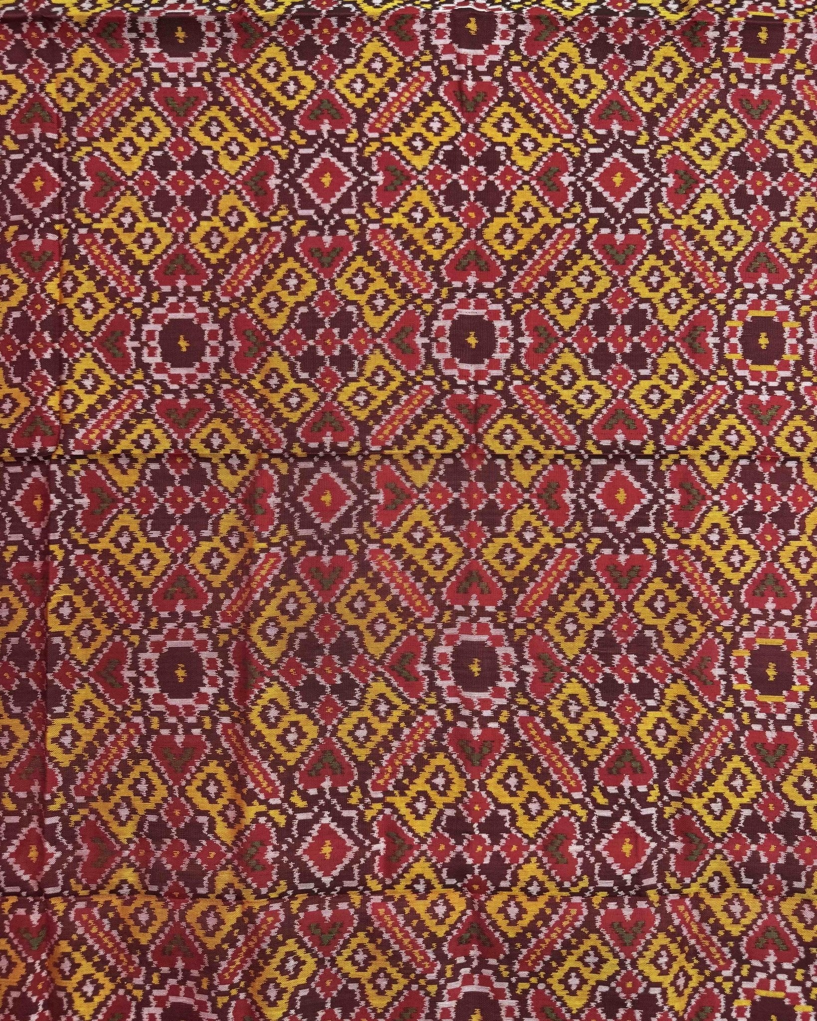 Red & Yellow Manekchowk Semi Double Ikat Patola Dupatta - SindhoiPatolaArt