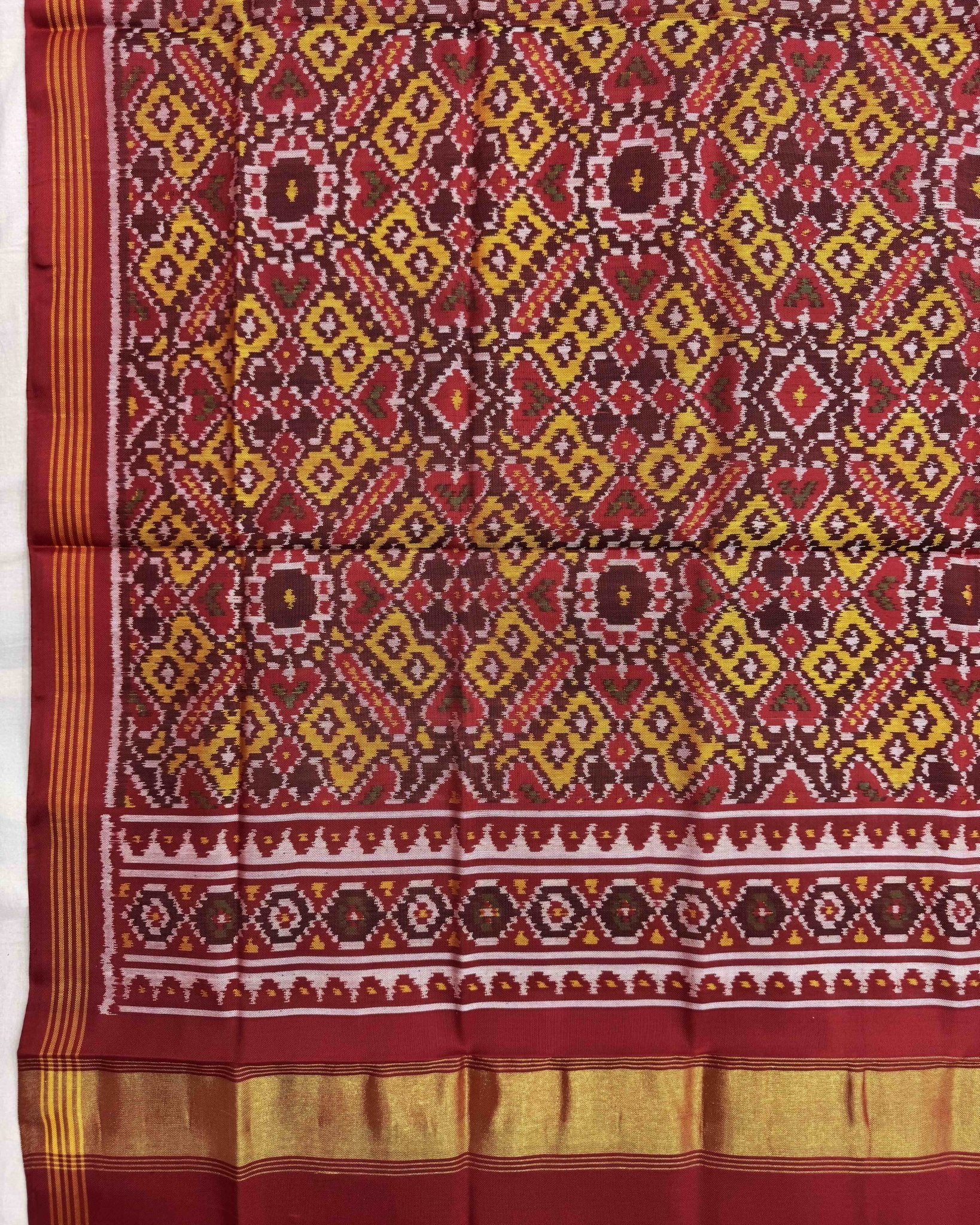 Red & Yellow Manekchowk Semi Double Ikat Patola Dupatta - SindhoiPatolaArt