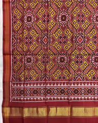 Red & Yellow Manekchowk Semi Double Ikat Patola Dupatta - SindhoiPatolaArt