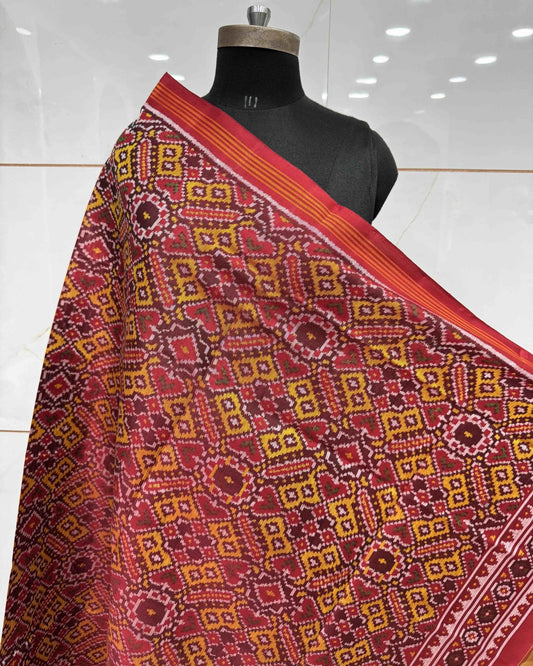 Red & Yellow Manekchowk Semi Double Ikat Patola Dupatta - SindhoiPatolaArt