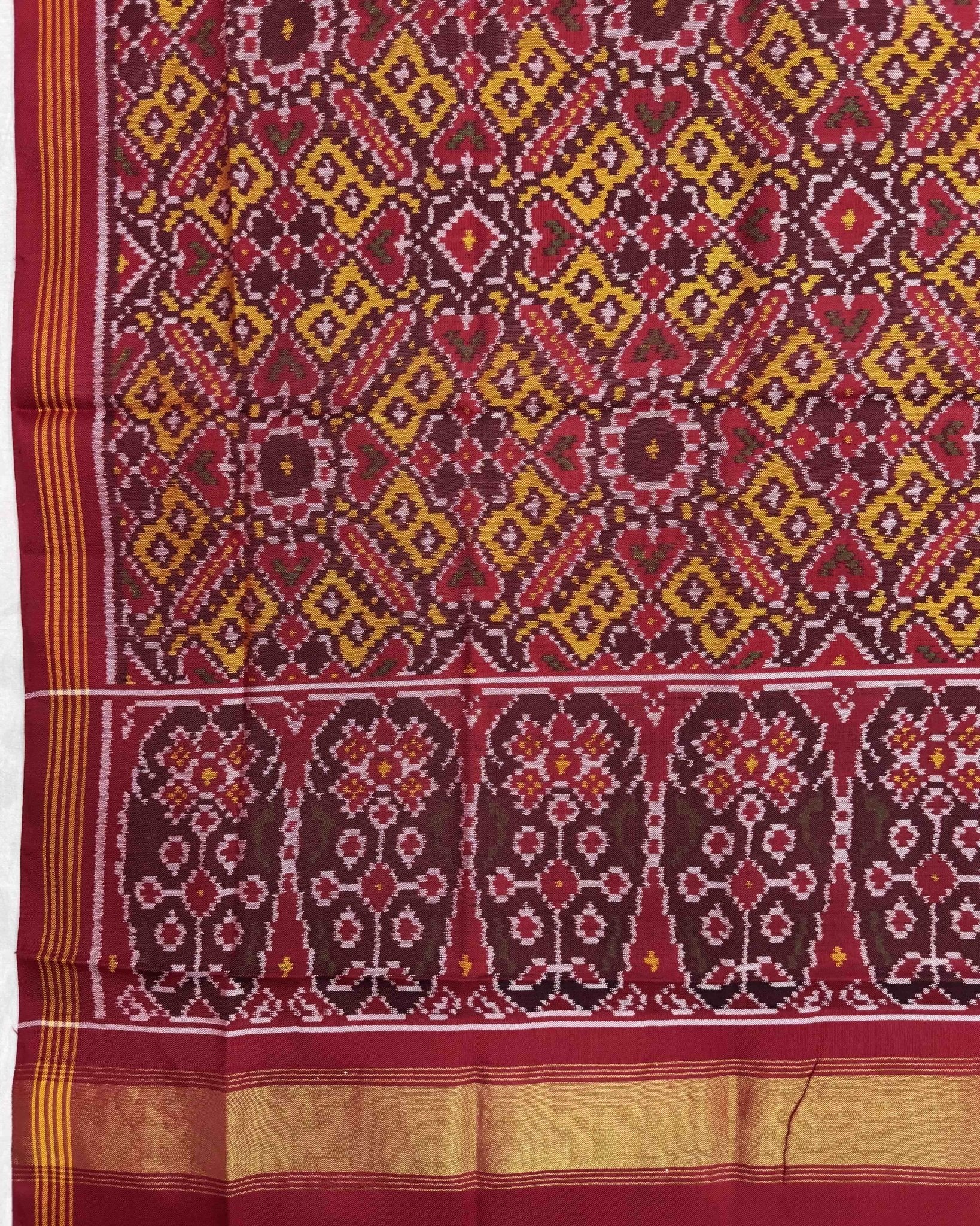 Red & Yellow Manekchowk Semi Double Ikat Patola Dupatta - SindhoiPatolaArt