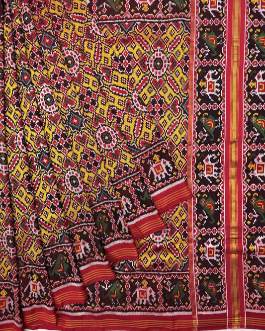 Red & Yellow Manekchowk Twill Patola Saree - SindhoiPatolaArt