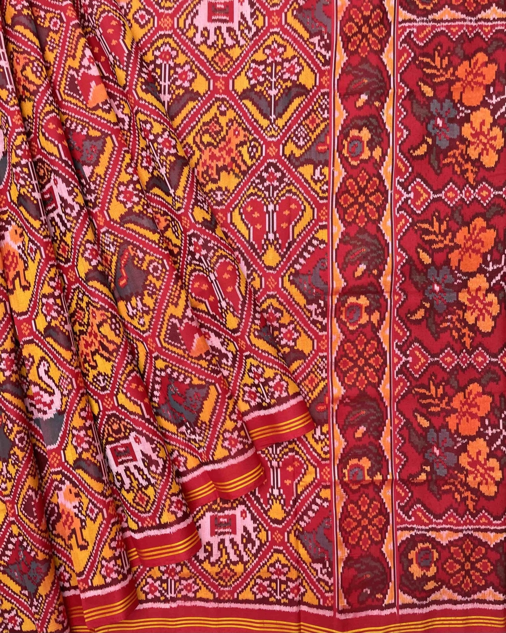 Red & Yellow Narikunj Designer Patola Saree - SindhoiPatolaArt