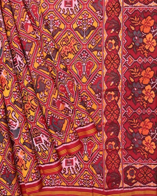 Red & Yellow Narikunj Designer Patola Saree - SindhoiPatolaArt