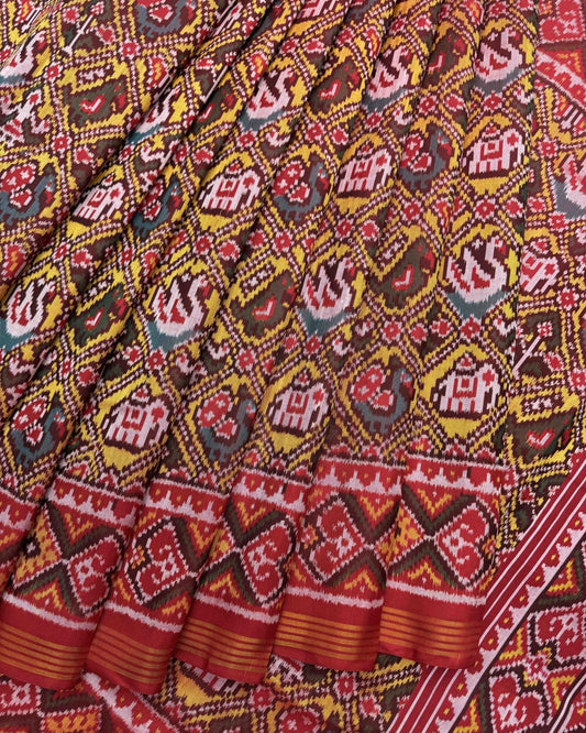 Red & Yellow Narikunj Patola Saree - SindhoiPatolaArt