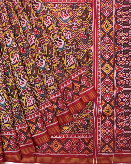 Red & Yellow Narikunj Patola Saree - SindhoiPatolaArt