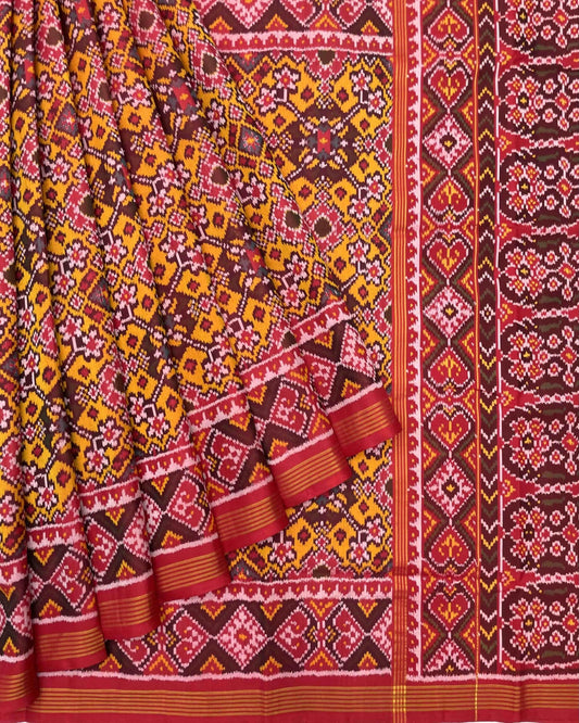 Red & Yellow Navratan Designer Patola Saree - SindhoiPatolaArt