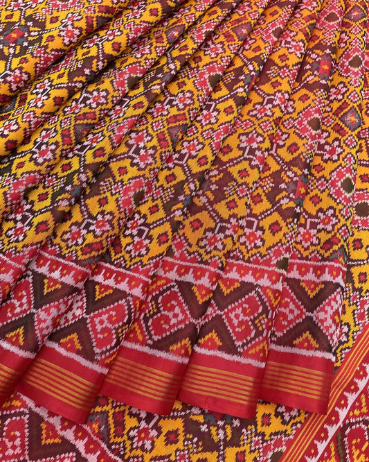 Red & Yellow Navratan Designer Patola Saree - SindhoiPatolaArt