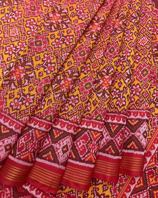 Red & Yellow Navratan Designer Patola Saree - SindhoiPatolaArt