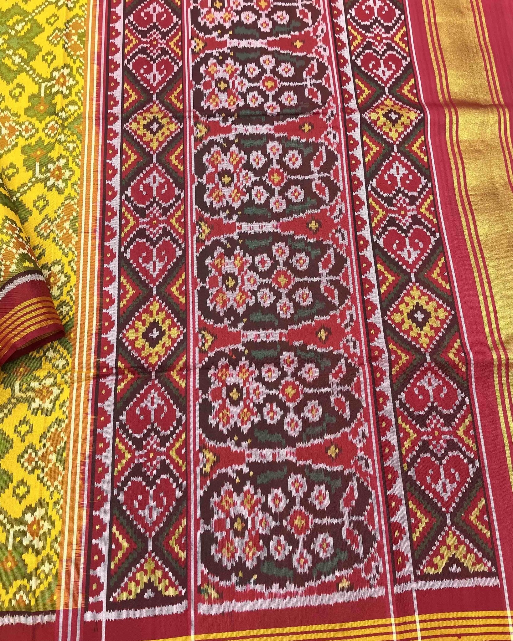 Red & Yellow Navratan Designer Patola Saree - SindhoiPatolaArt