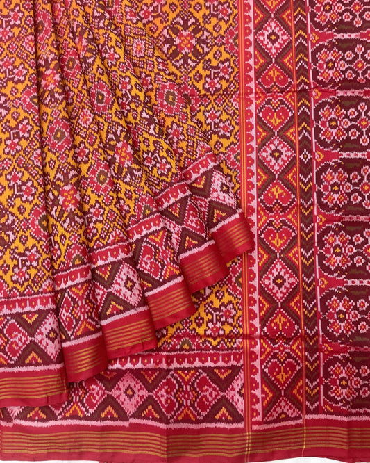 Red & Yellow Navratan Designer Patola Saree - SindhoiPatolaArt
