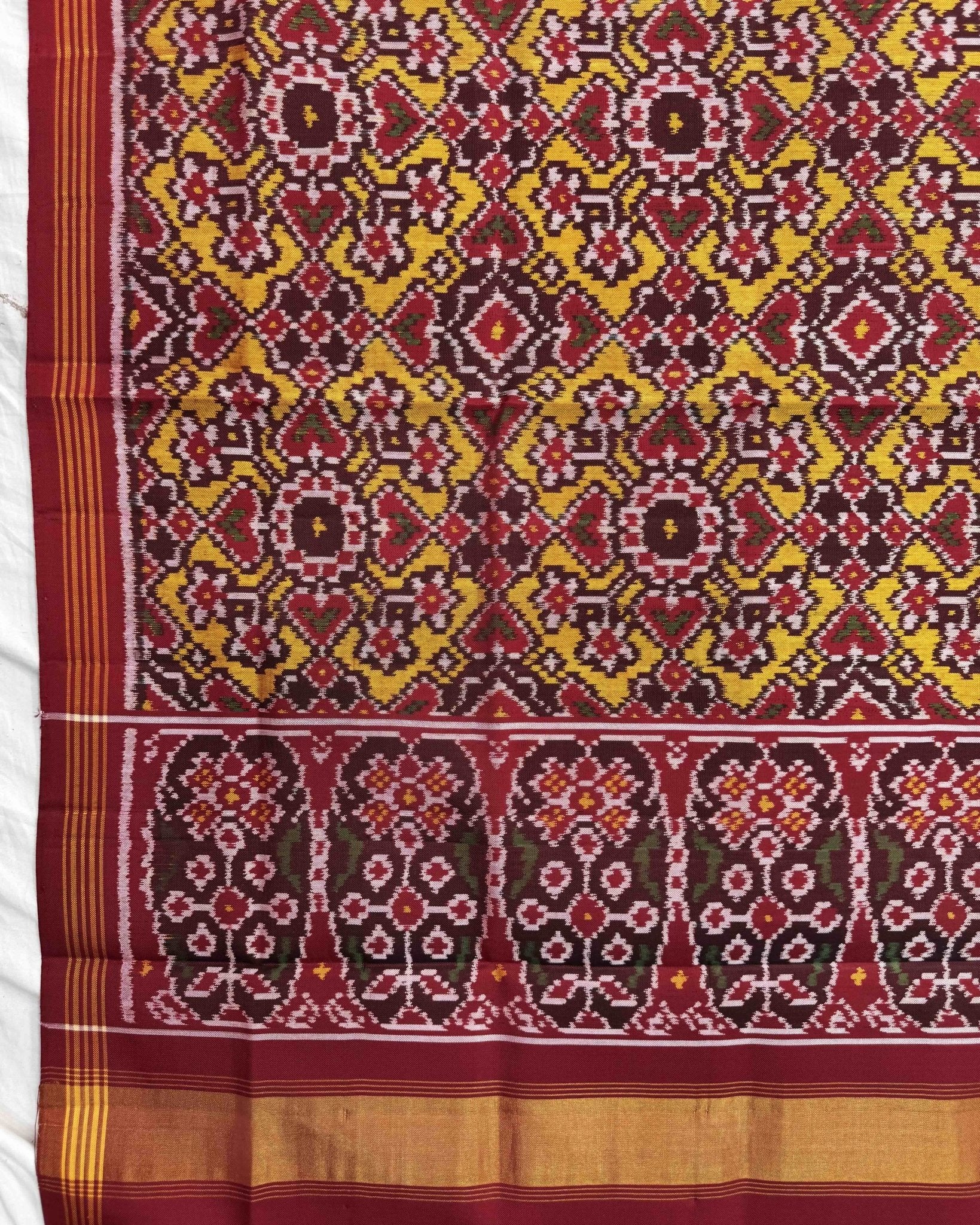 Red & Yellow Navratan Manekchowk Semi Double Ikat Patola Dupatta - SindhoiPatolaArt