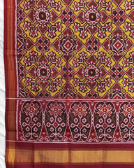 Red & Yellow Navratan Manekchowk Semi Double Ikat Patola Dupatta - SindhoiPatolaArt