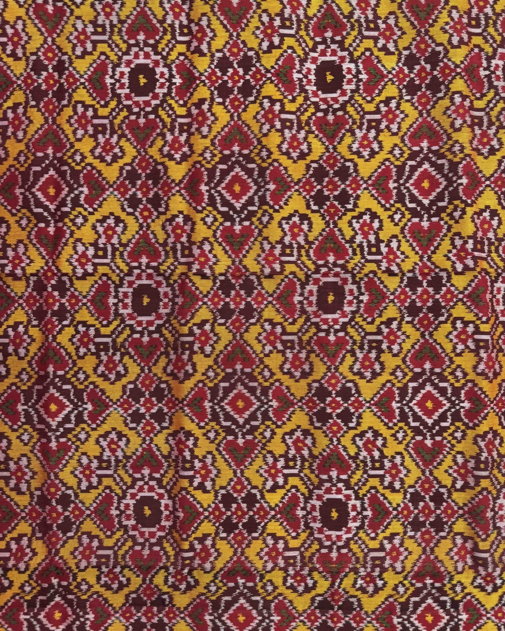 Red & Yellow Navratan Manekchowk Semi Double Ikat Patola Dupatta - SindhoiPatolaArt