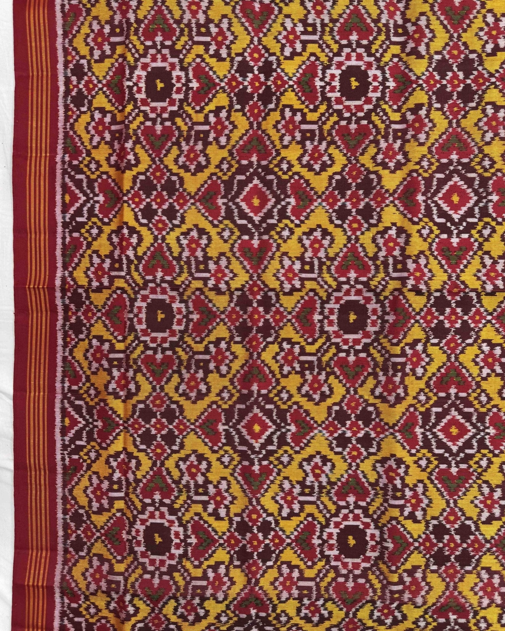 Red & Yellow Navratan Manekchowk Semi Double Ikat Patola Dupatta - SindhoiPatolaArt