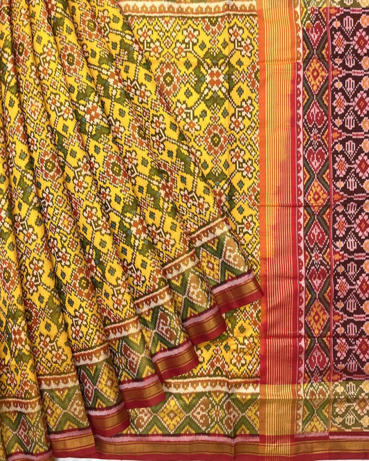 Red & Yellow Navratan Patola Saree - SindhoiPatolaArt