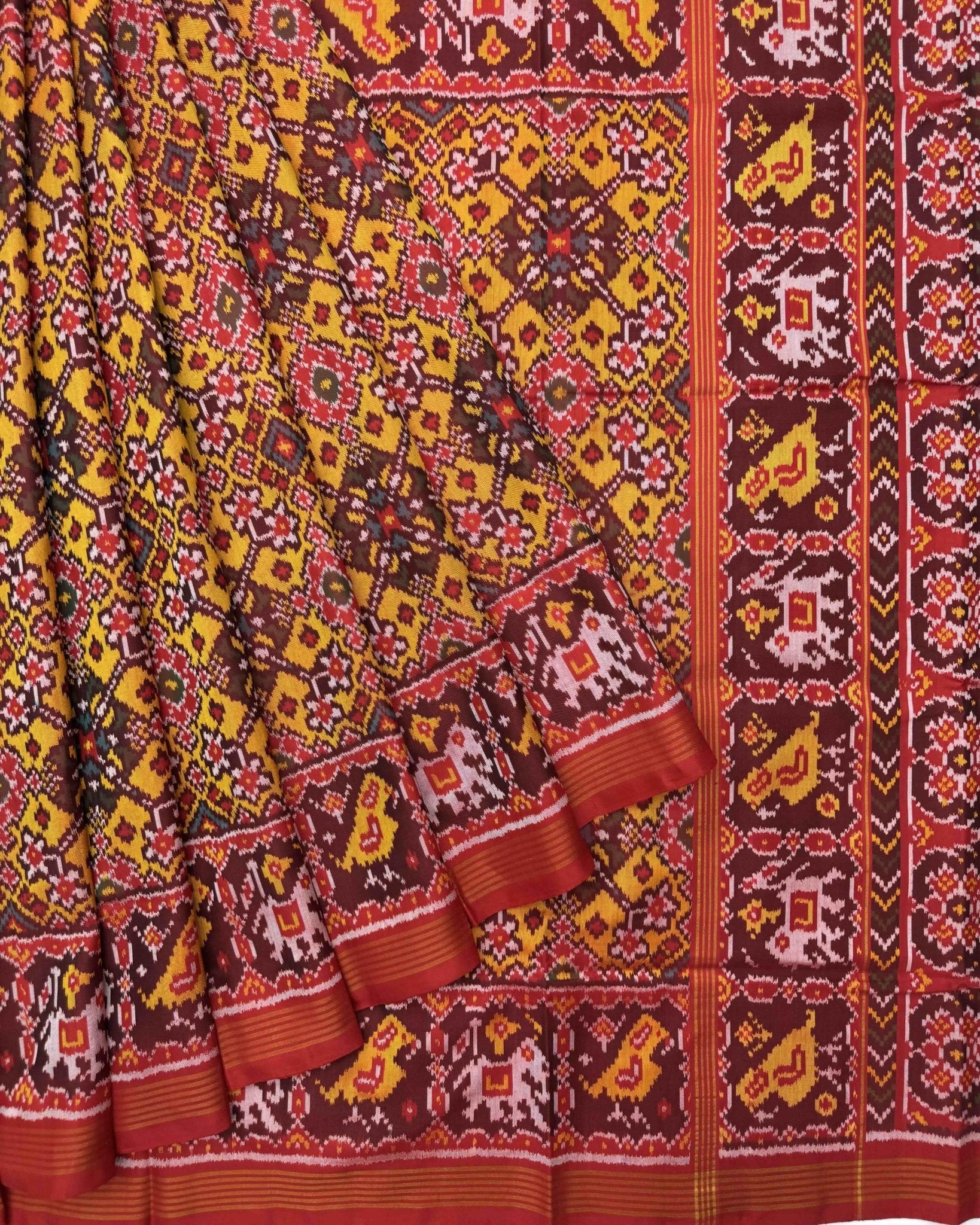 Red & Yellow Navratan Semi Double Ikat Patola Saree - SindhoiPatolaArt