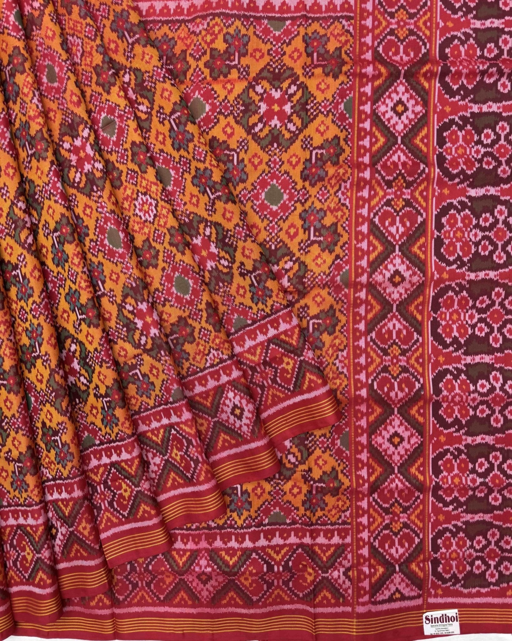 Red & Yellow Navratan Semi Double Ikat Patola Saree - SindhoiPatolaArt