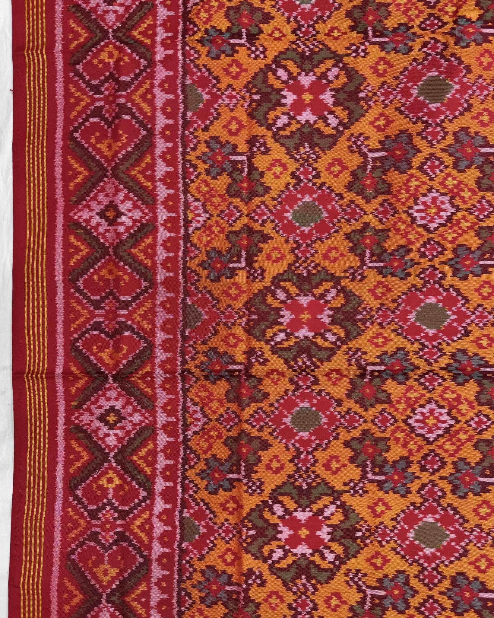 Red & Yellow Navratan Semi Double Ikat Patola Saree - SindhoiPatolaArt