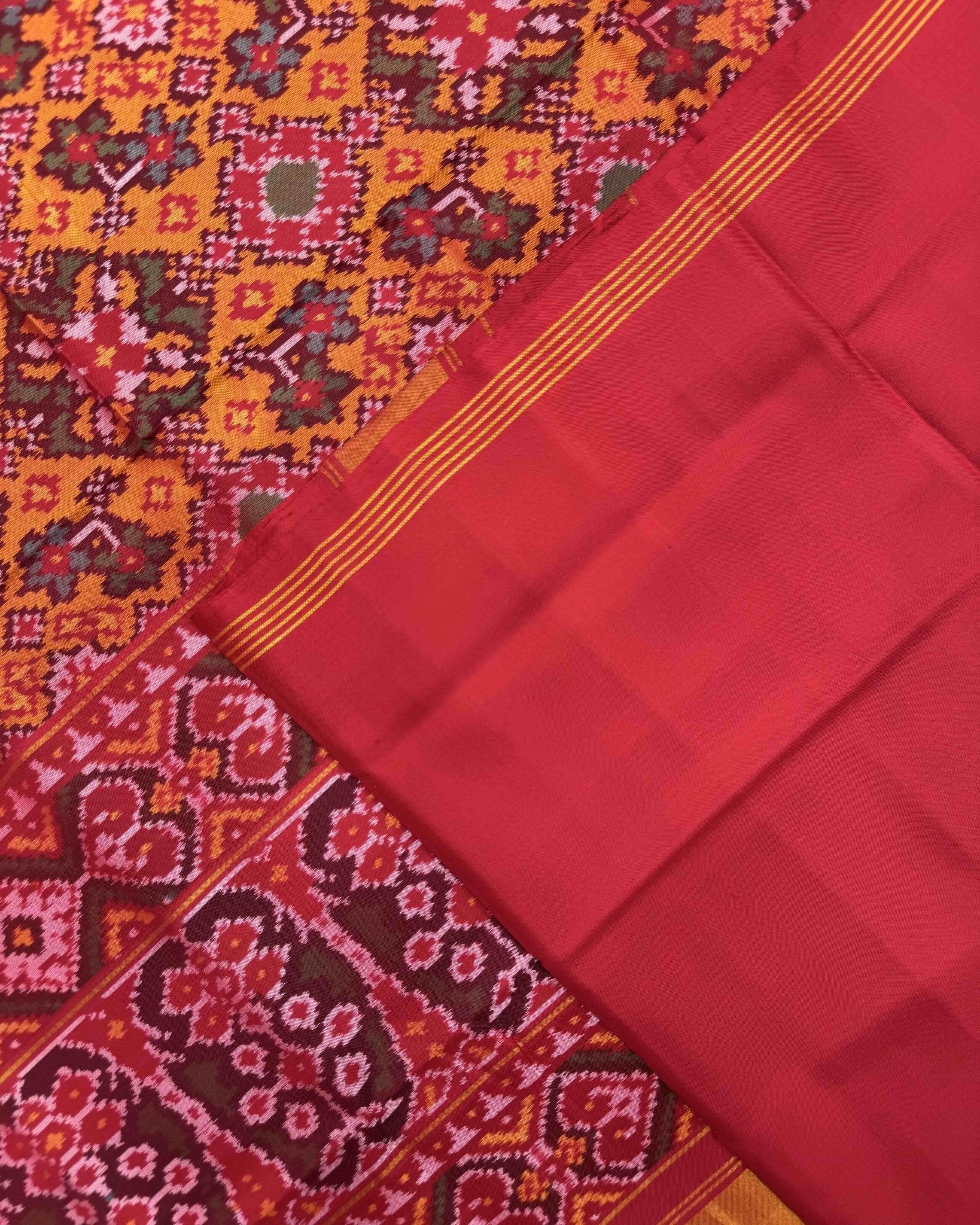 Red & Yellow Navratan Semi Double Ikat Patola Saree - SindhoiPatolaArt