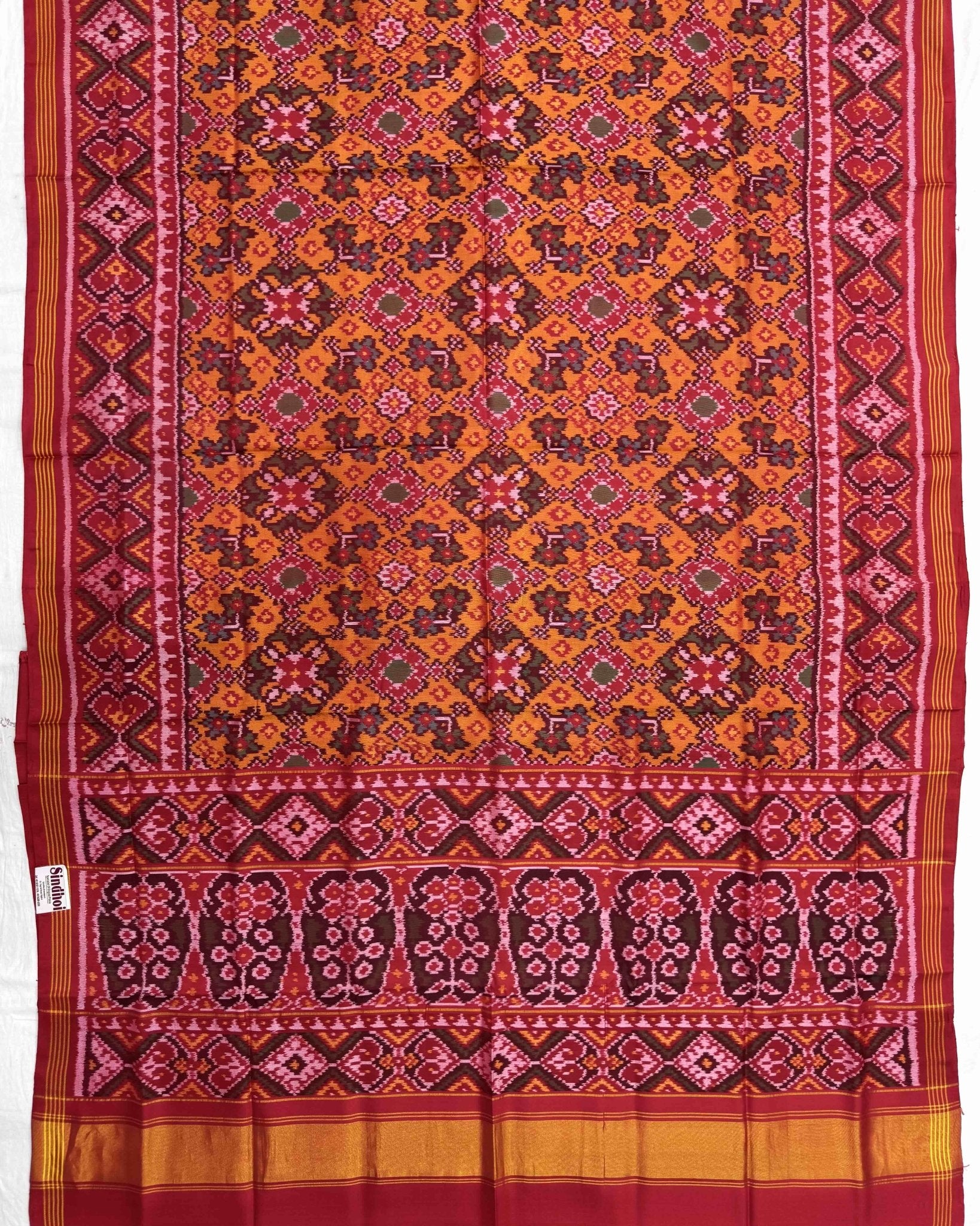 Red & Yellow Navratan Semi Double Ikat Patola Saree - SindhoiPatolaArt