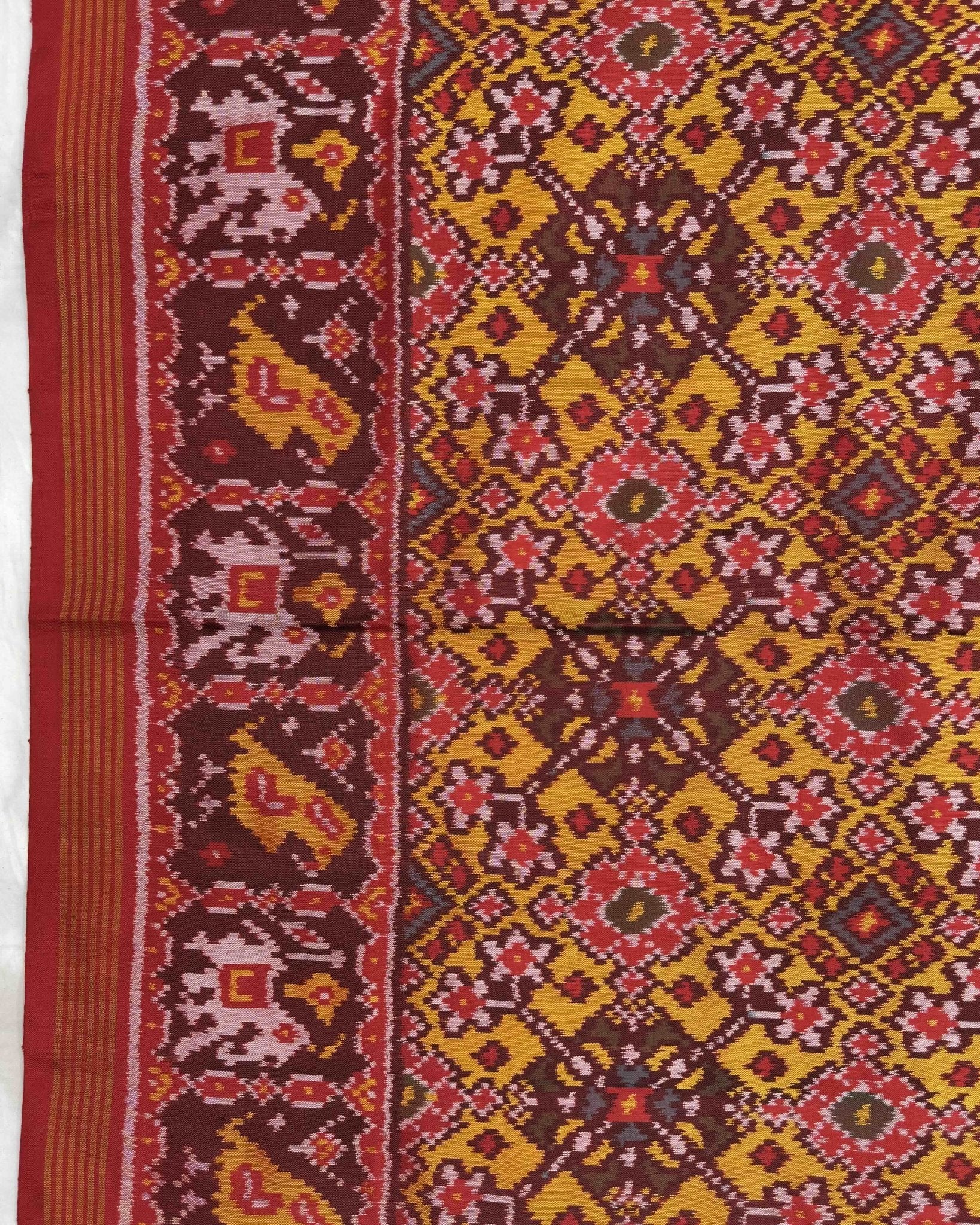 Red & Yellow Navratan Semi Double Ikat Patola Saree - SindhoiPatolaArt