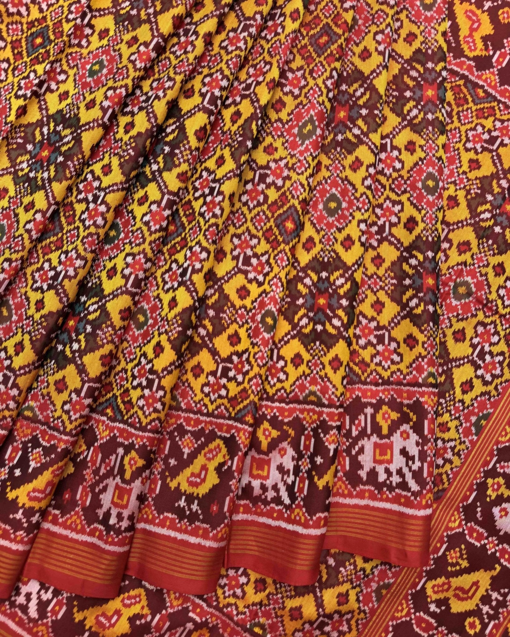 Red & Yellow Navratan Semi Double Ikat Patola Saree - SindhoiPatolaArt