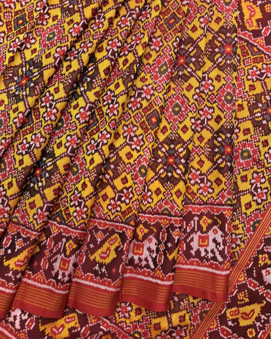 Red & Yellow Navratan Semi Double Ikat Patola Saree - SindhoiPatolaArt