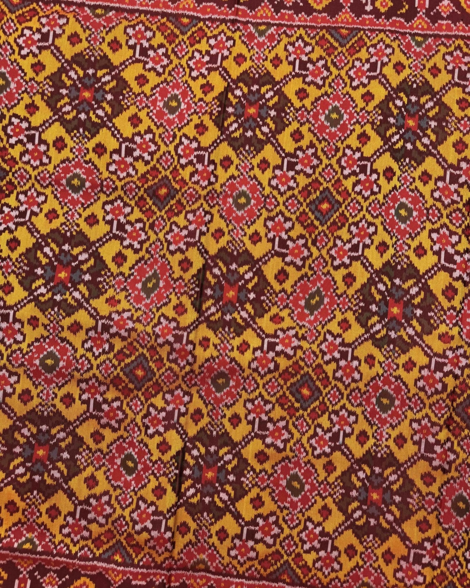 Red & Yellow Navratan Semi Double Ikat Patola Saree - SindhoiPatolaArt