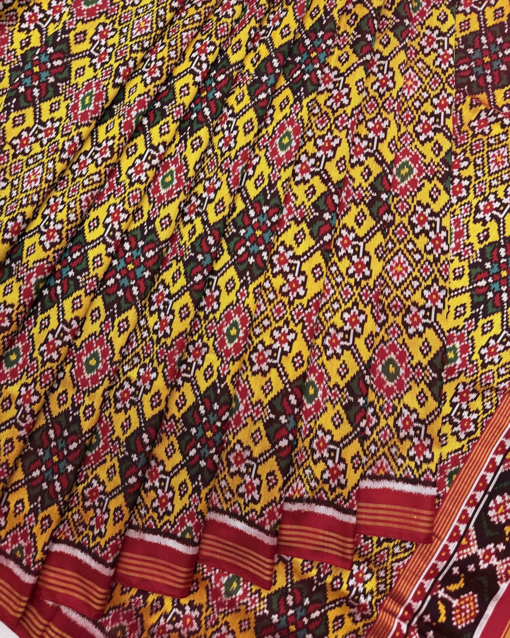 Red & Yellow Navratan Twill Patola Saree - SindhoiPatolaArt