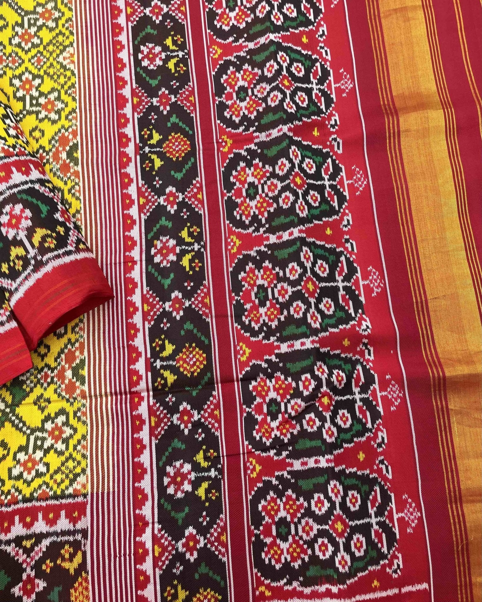 Red & Yellow Navratan Twill Patola Saree - SindhoiPatolaArt