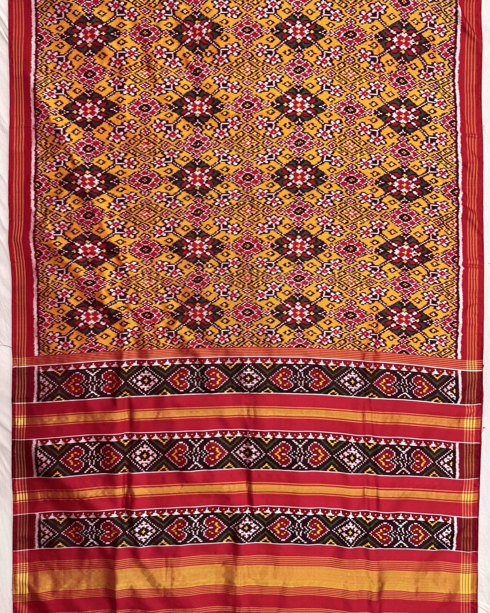 Red & Yellow Navratan Twill Patola Saree - SindhoiPatolaArt